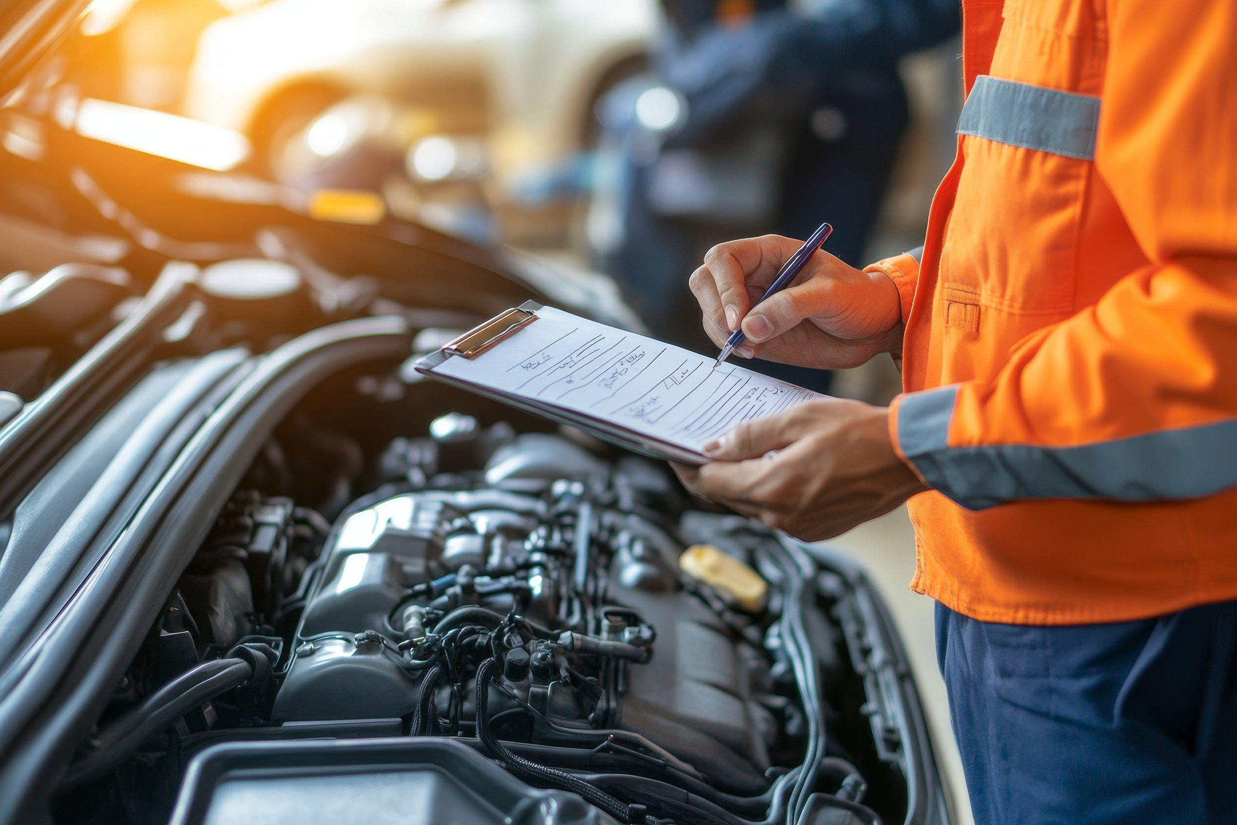 Mechanic in orange uniform checking a vehicle engine and filling out a maintenance checklist